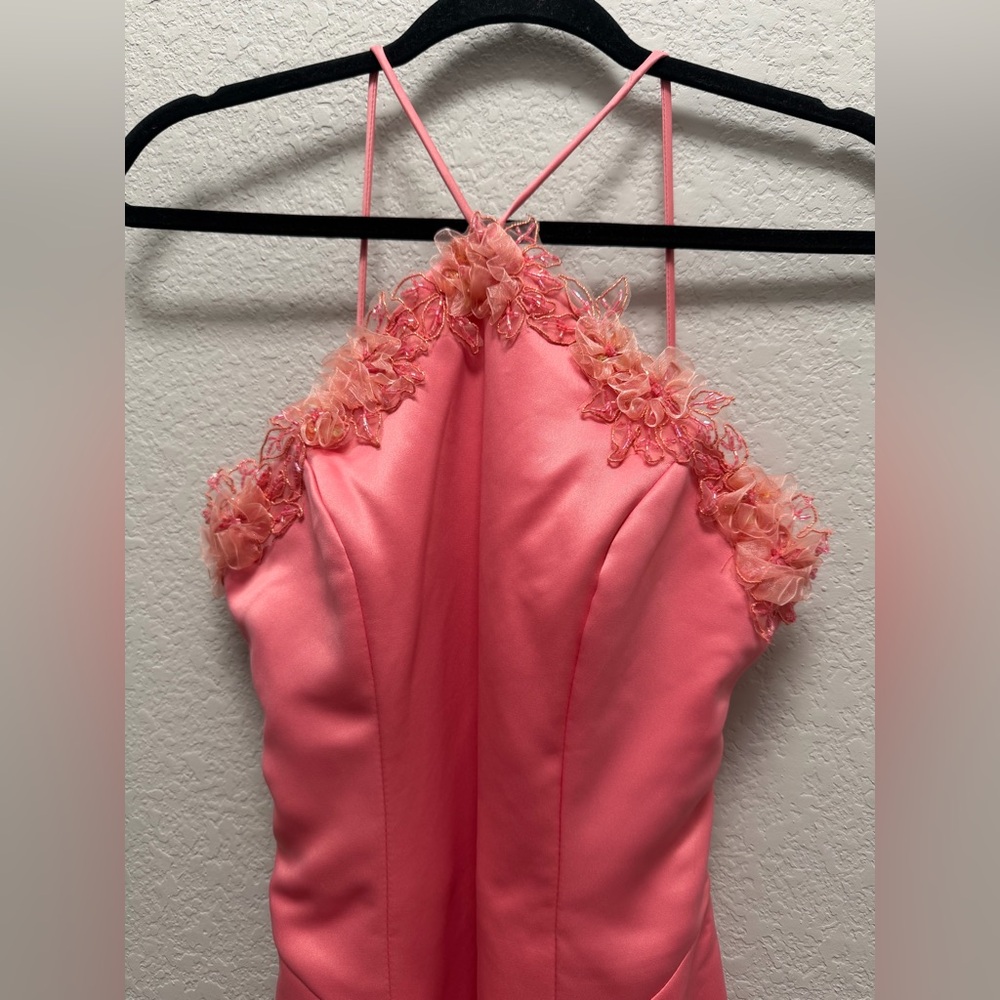 VTG 90s Y2K Dollar USA Coral Pink Satin Gown 3D Floral Beaded Halter Dress XS - Picture 2 of 15